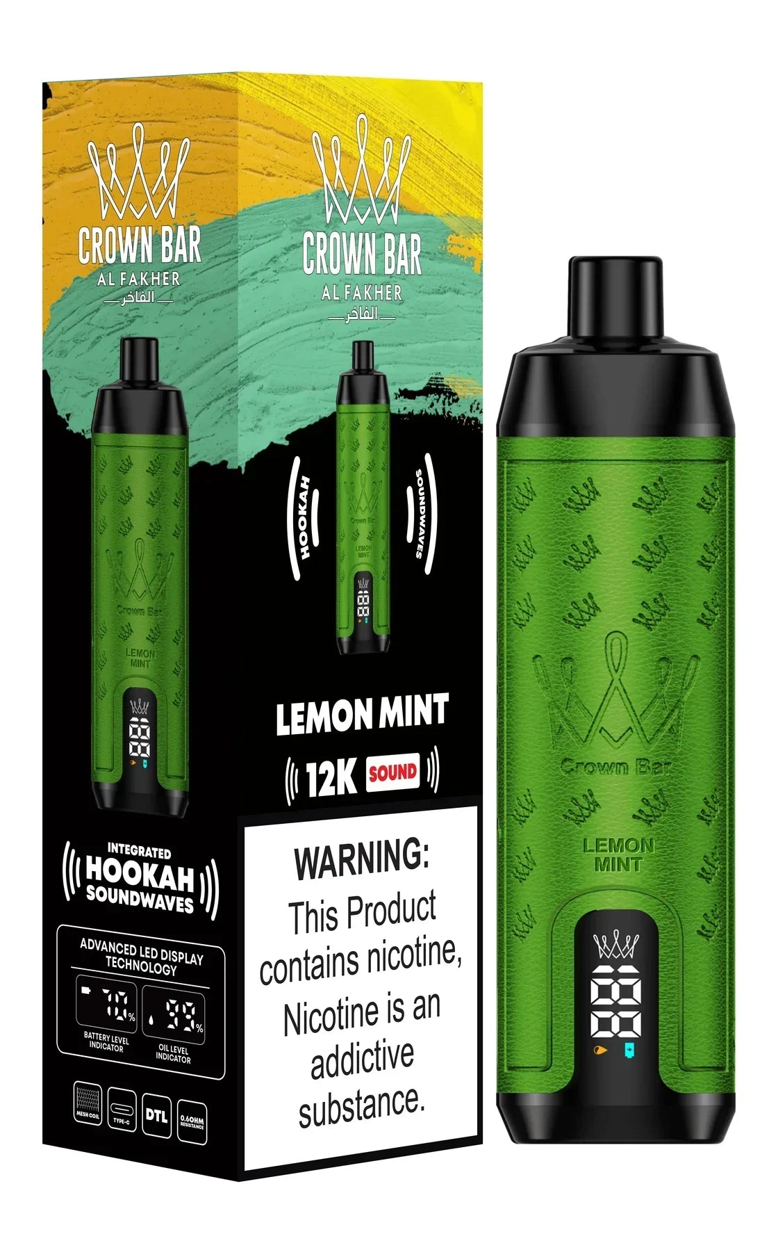 Crown Bar Al Fakher 12K disposable vape with Lemon Mint flavor and box.
