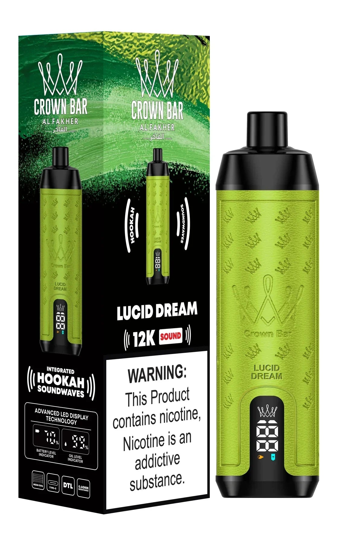 Crown Bar Al Fakher 12K disposable vape with Lucid Dream flavor and box.
