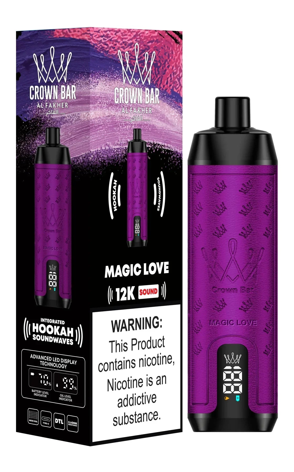 Crown Bar Al Fakher 12K disposable vape with Magic Love flavor.
