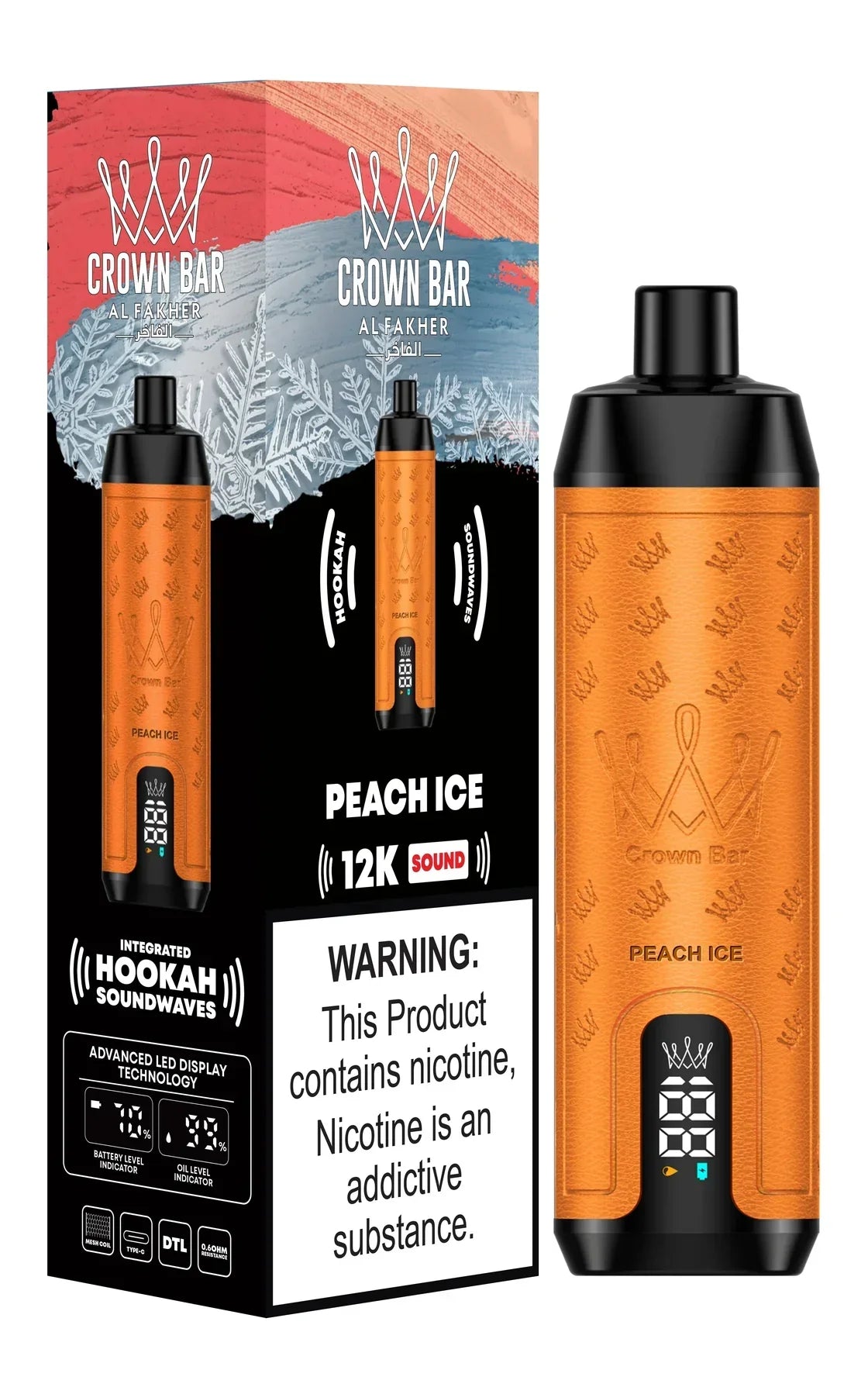 Crown Bar Al Fakher 12K disposable vape with Peach Ice flavor.
