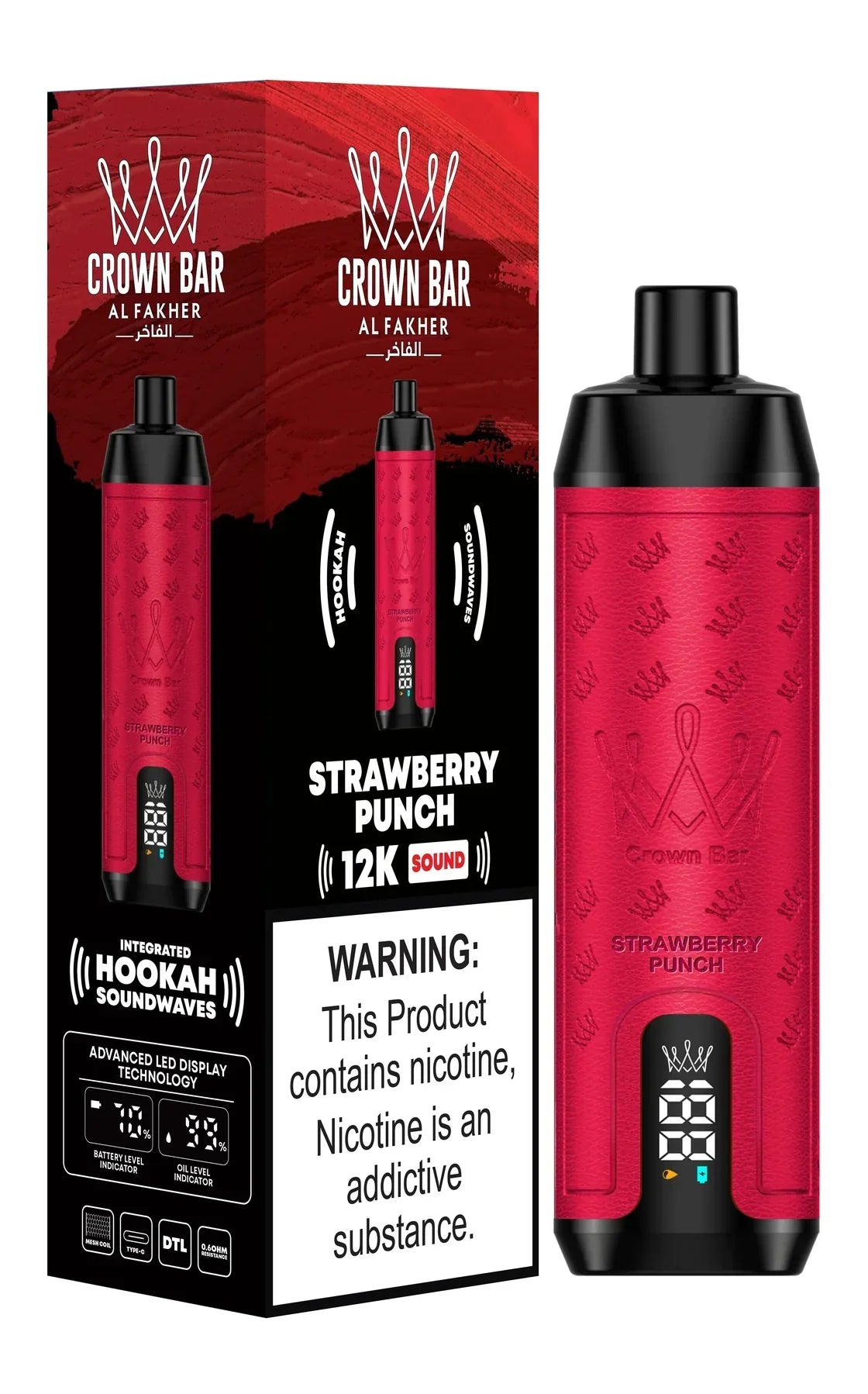 Crown Bar Al Fakher 12K disposable vape with Strawberry Punch flavor and box.
