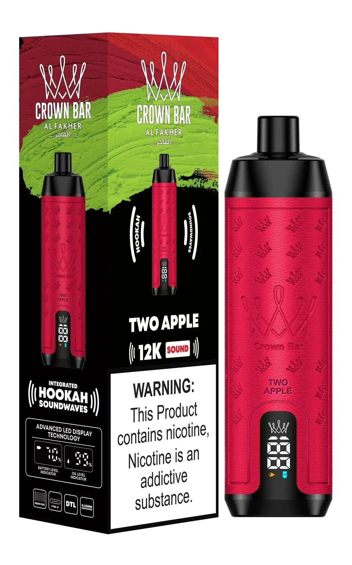 Crown Bar Al Fakher 12K disposable vape with Two Apple flavor and box.
