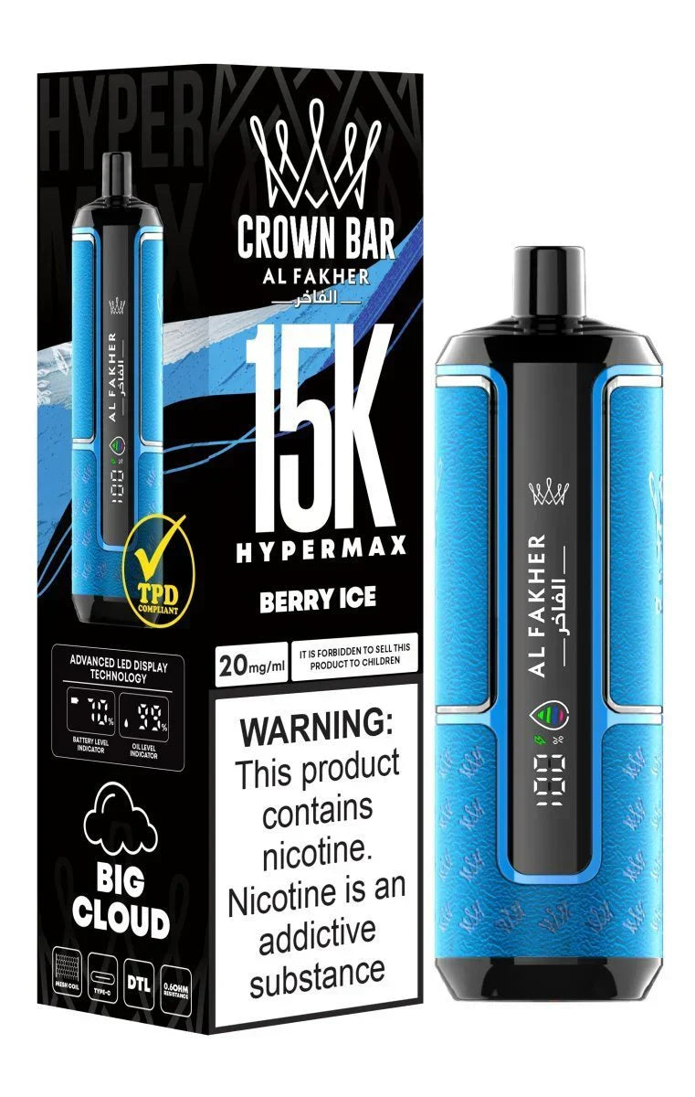 Crown Bar Al Fakher 15K Hypermax disposable vape with Berry Ice flavor.
