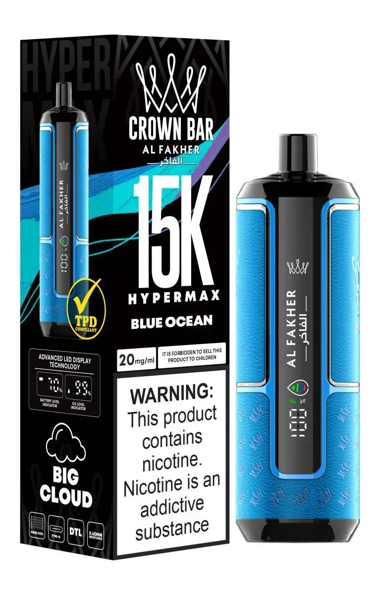 Crown Bar Al Fakher 15K Hypermax disposable vape with Blue Ocean flavor.
