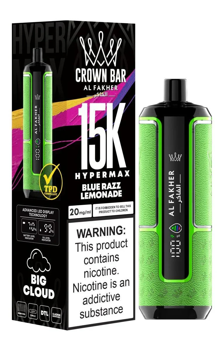 Crown Bar Al Fakher 15K Hypermax disposable vape with Blue Razz Lemonade flavor.
