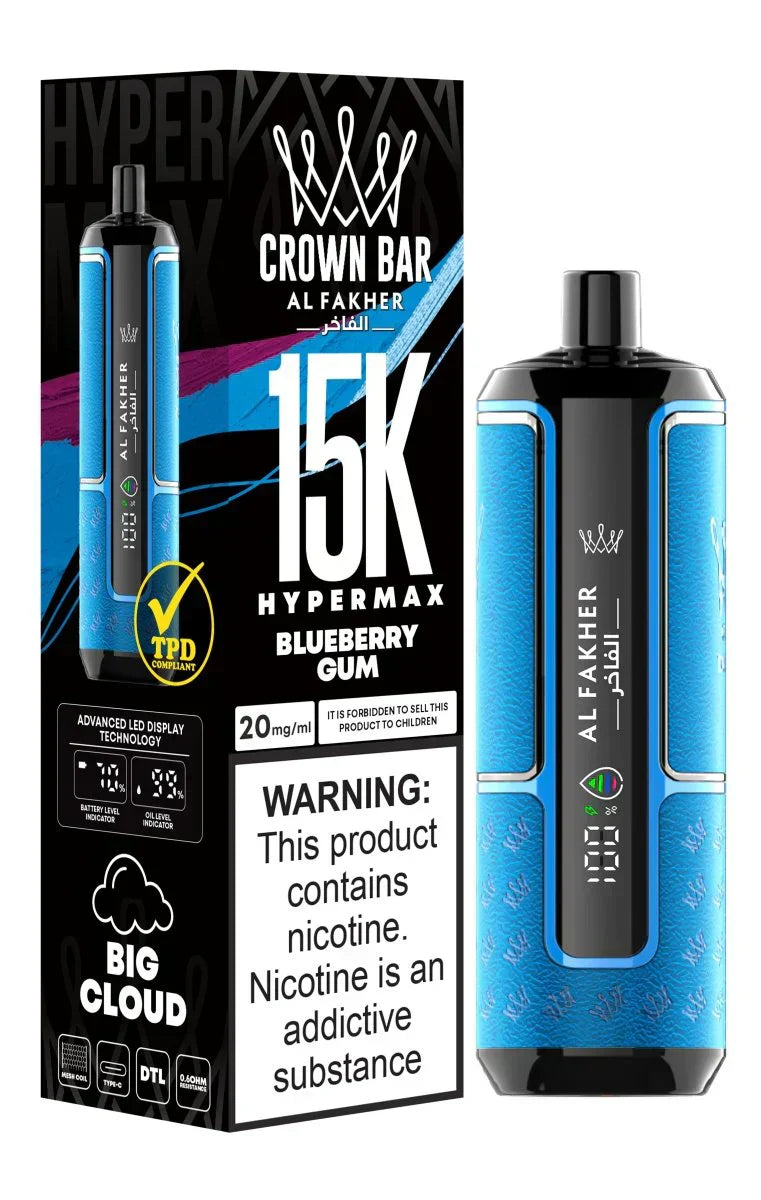 Crown Bar Al Fakher 15K Hypermax disposable vape with Blueberry Gum flavor.
