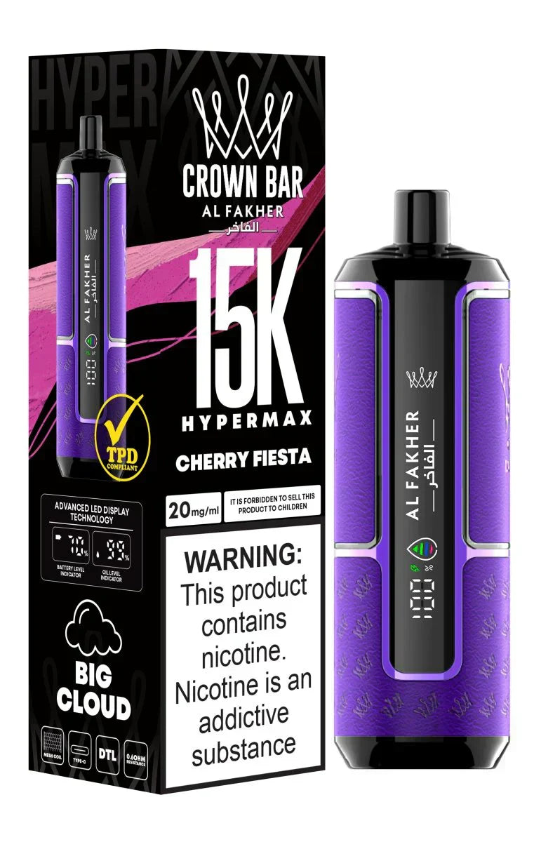 Crown Bar Al Fakher 15K Hypermax disposable vape with Cherry Fiesta flavor.