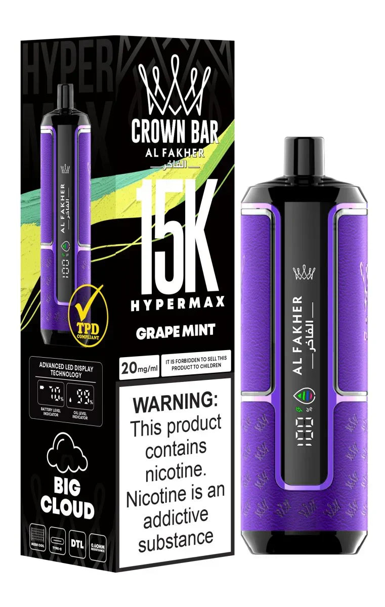 Crown Bar Al Fakher 15K Hypermax disposable vape with Grape Mint flavor.