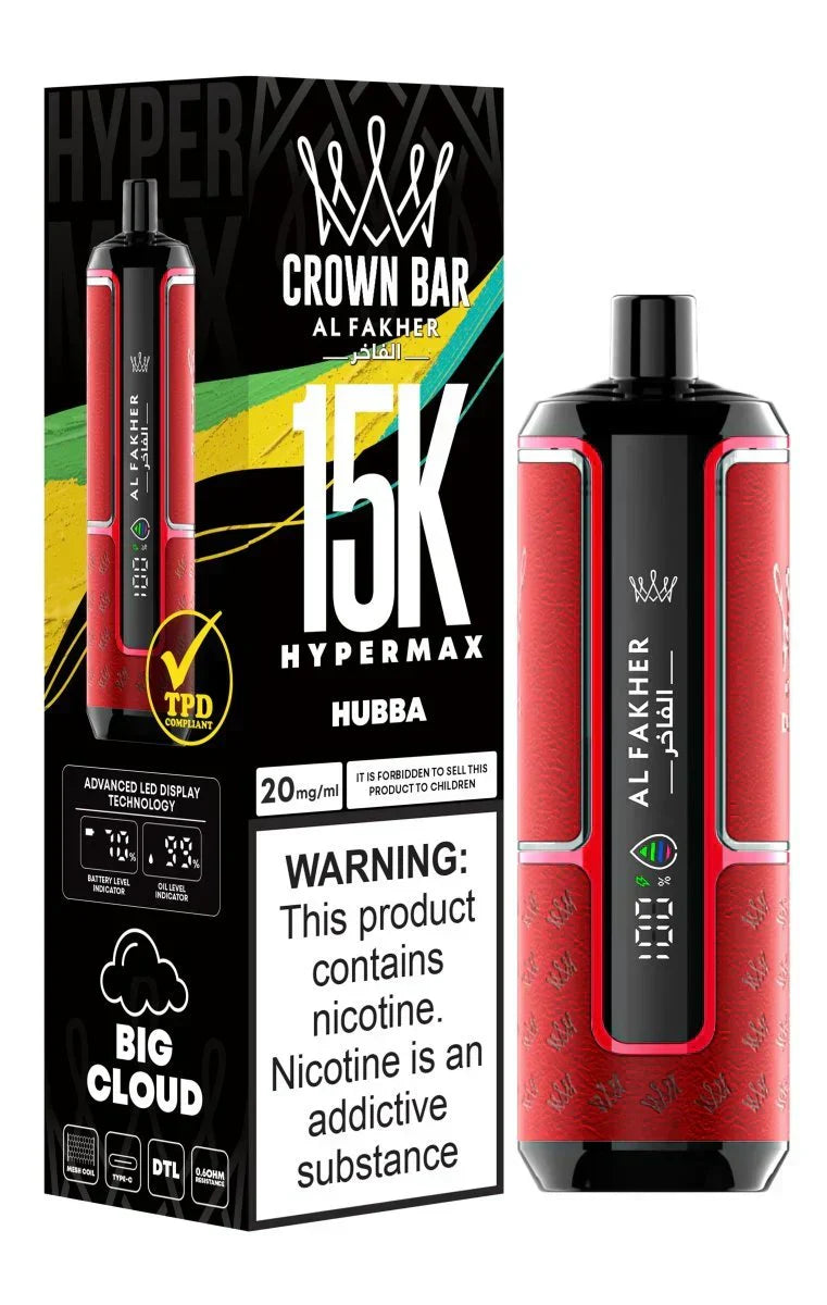 Crown Bar Al Fakher 15K Hypermax disposable vape with Hubba flavor.