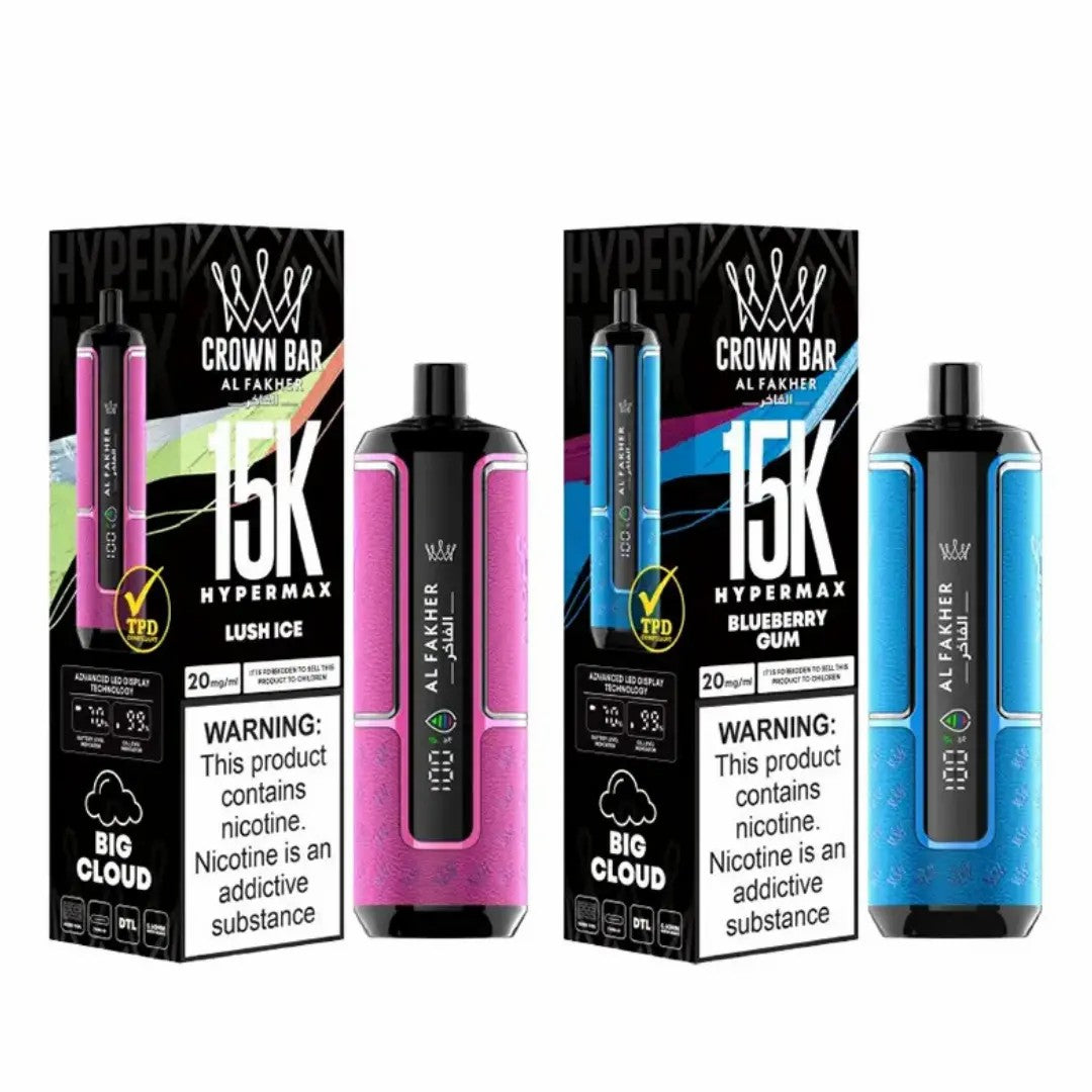 Crown Bar Al Fakher 15K Hypermax disposable vape with Lush Ice and Blueberry Gum flavors.