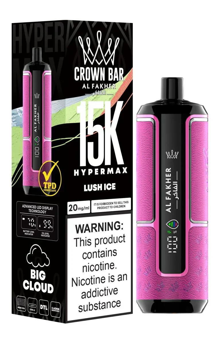 Crown Bar Al Fakher 15K Hypermax disposable vape with Lush Ice flavor.

