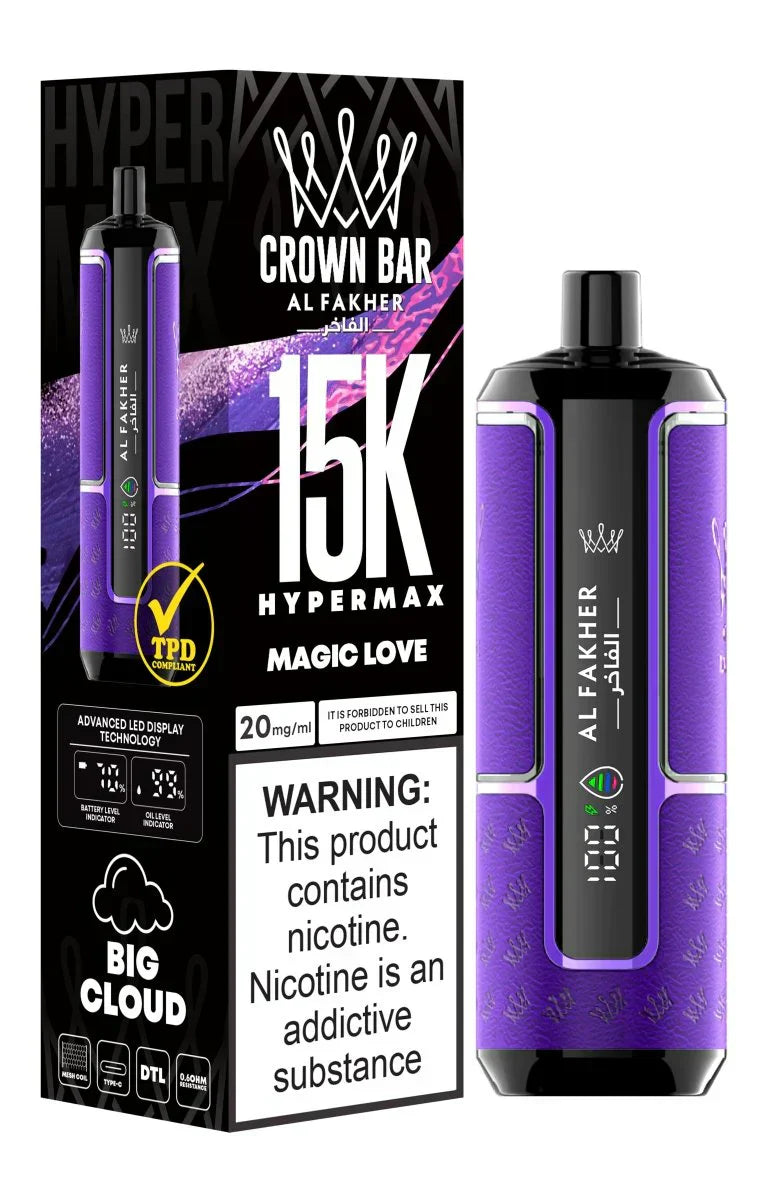 Crown Bar Al Fakher 15K Hypermax disposable vape with Magic Love flavor.
