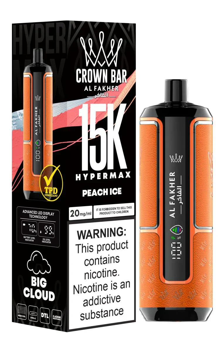 Crown Bar Al Fakher 15K Hypermax disposable vape with Peach Ice flavor.
