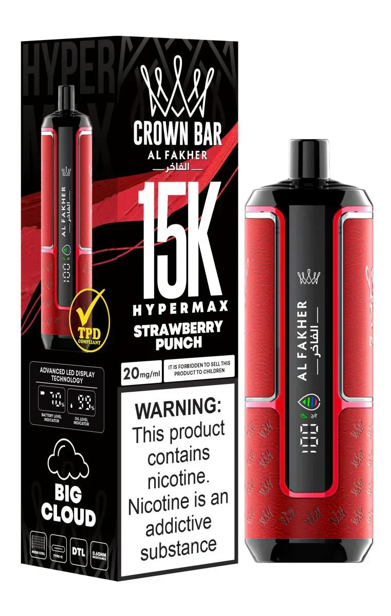 Crown Bar Al Fakher 15K Hypermax disposable vape with Strawberry Punch flavor.