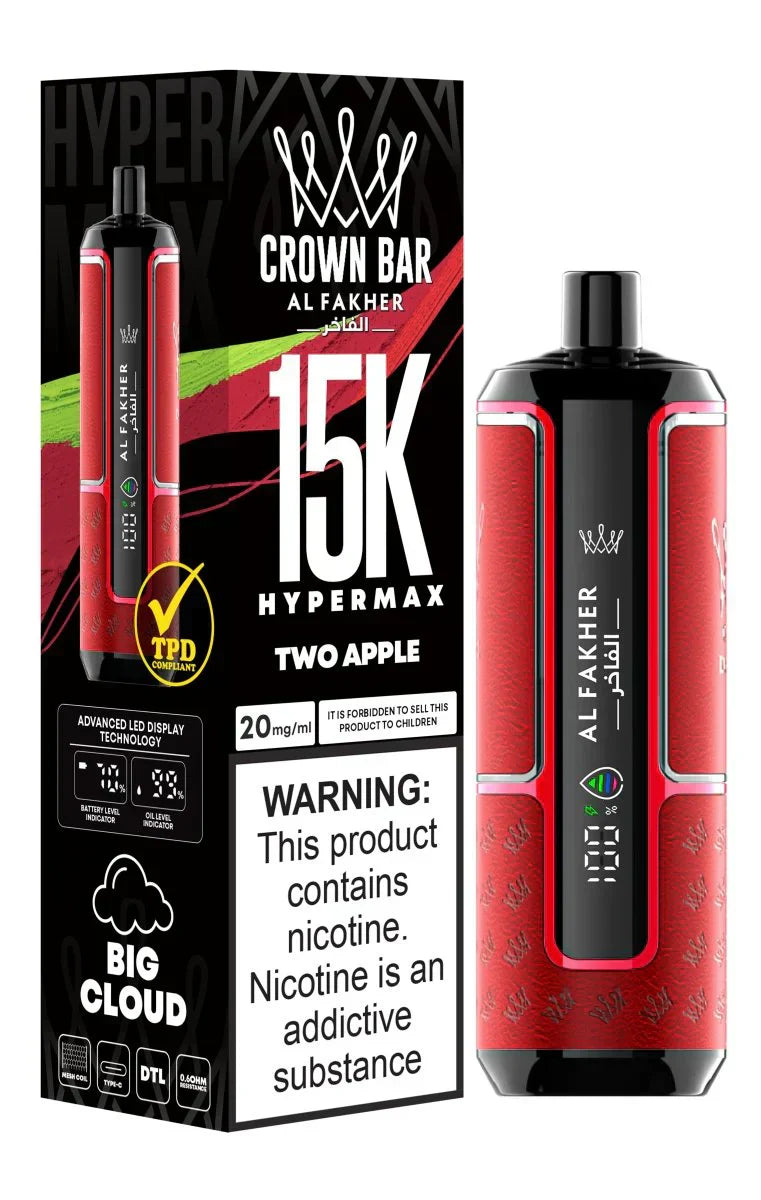 Crown Bar Al Fakher 15K Hypermax disposable vape with Two Apple flavor.
