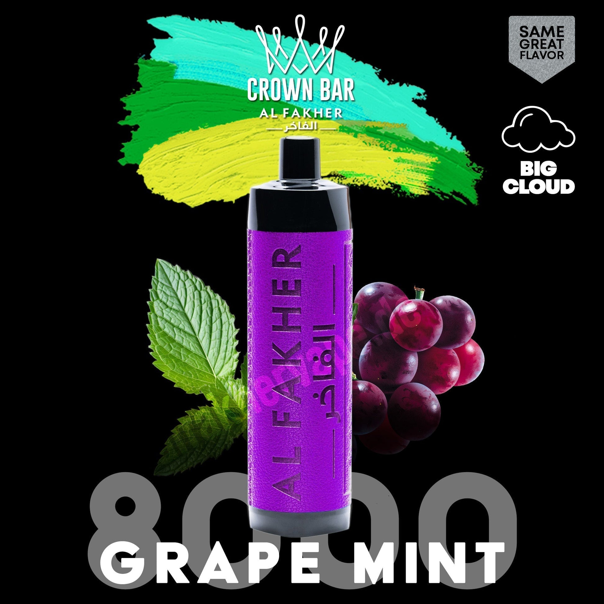 Crown Bar Al Fakher 8000 puffs disposable vape with Grape Mint flavor.
