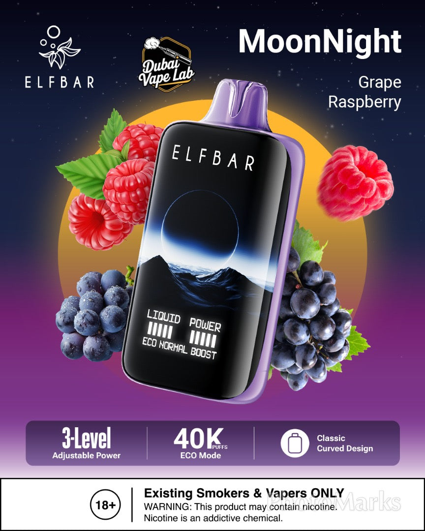 ELFBAR MoonNight 40K disposable vape with Grape Raspberry Flavor