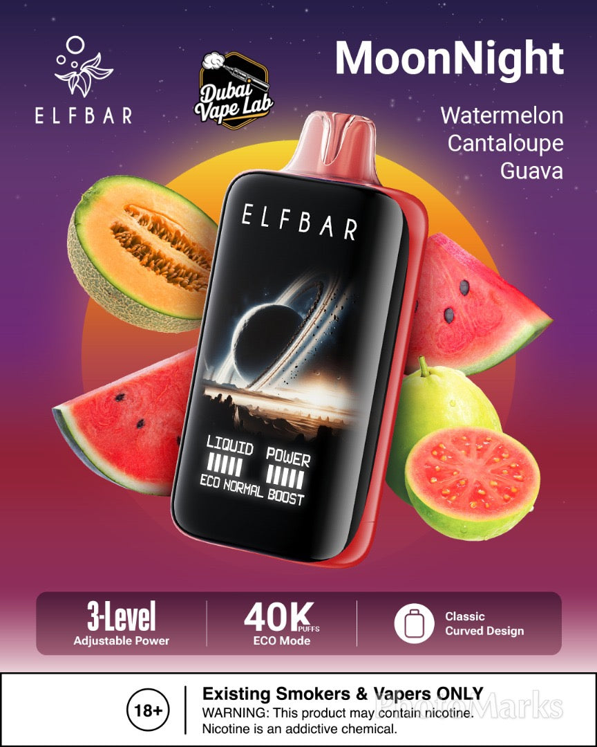 ELFBAR MoonNight 40K disposable vape with watermelon, cantaloupe, and guava Flavor 