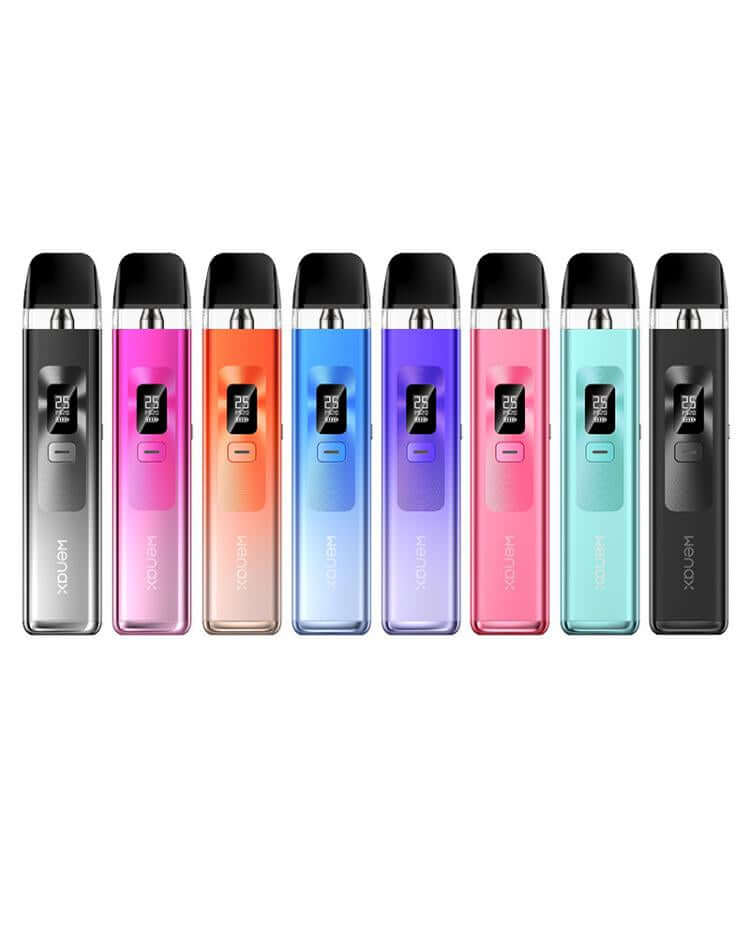 Eight Geekvape Wenax Q pod kits displayed in assorted colors on white background