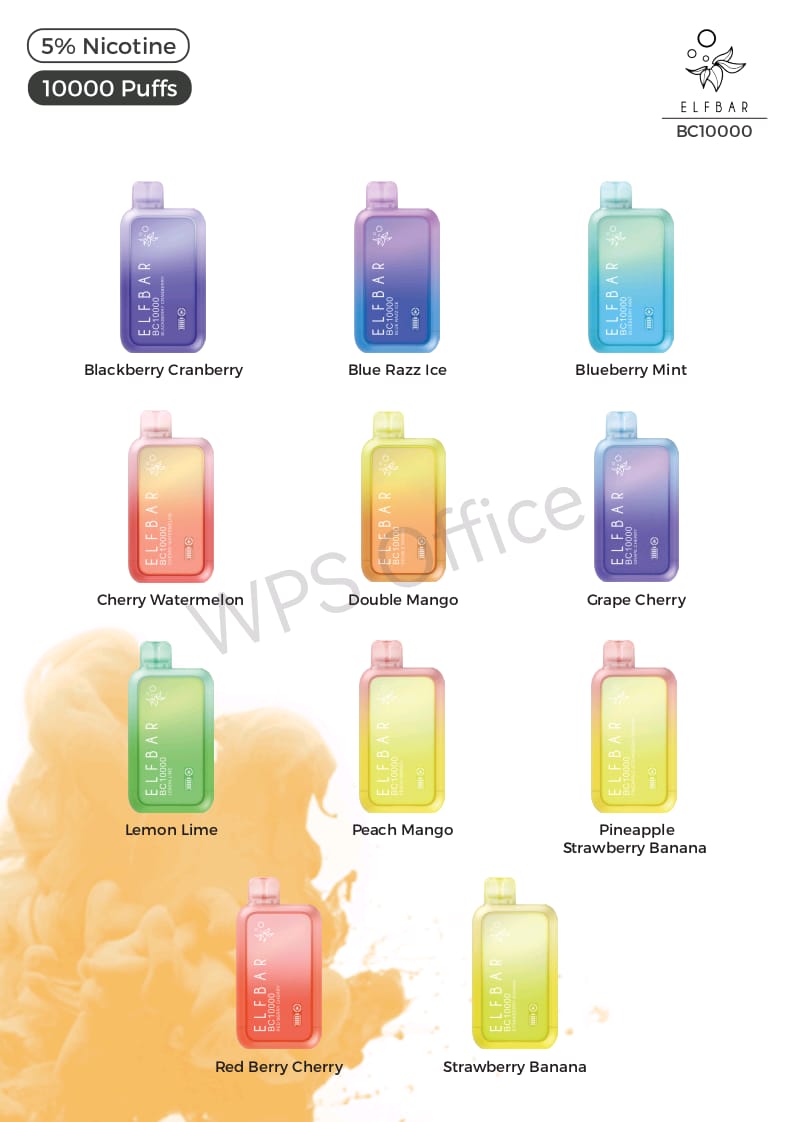 Elfbar BC10000 10000 puffs disposable vape with assorted flavors.