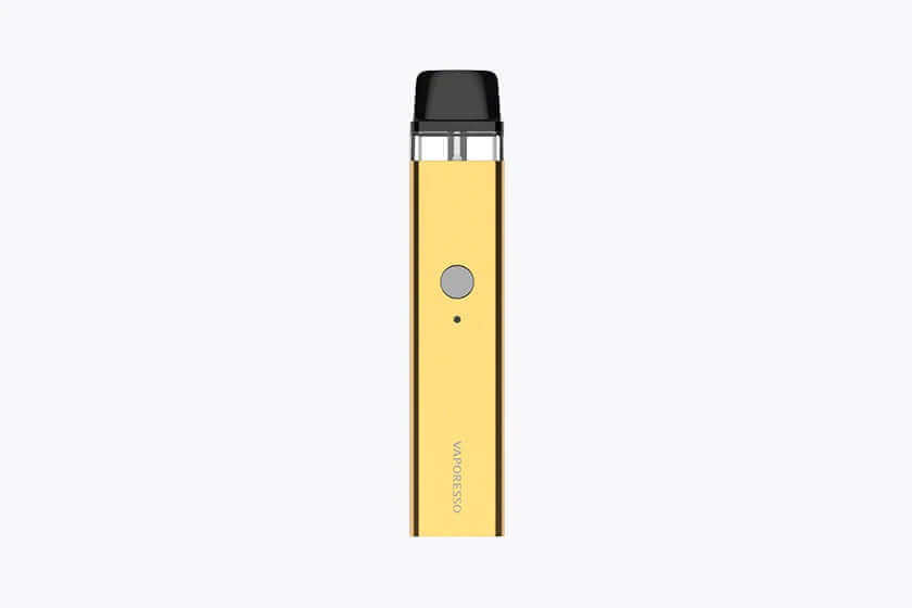 Gold Vaporesso pod vape device, front view with button and small LED