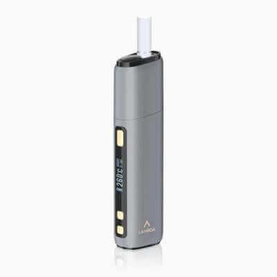 Gray LAMBDA CC tobacco heating device with screen and controls.