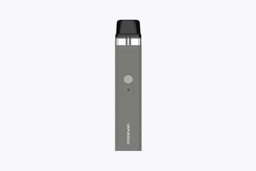 Gray Vaporesso pod vape device, front view with button and small LED