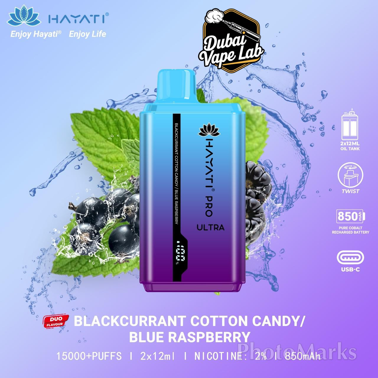Hayati Pro Ultra disposable vape with Blackcurrant Cotton Candy and Blue Raspberry flavor.
