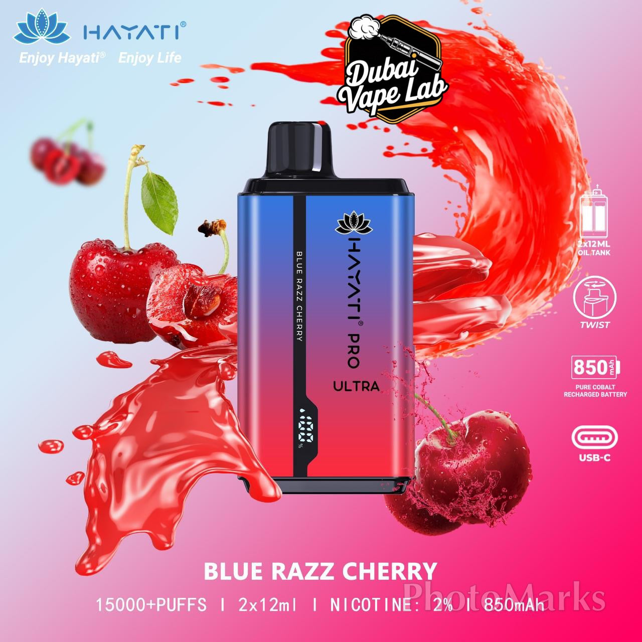 Hayati Pro Ultra disposable vape with Blue Razz Cherry flavor.
