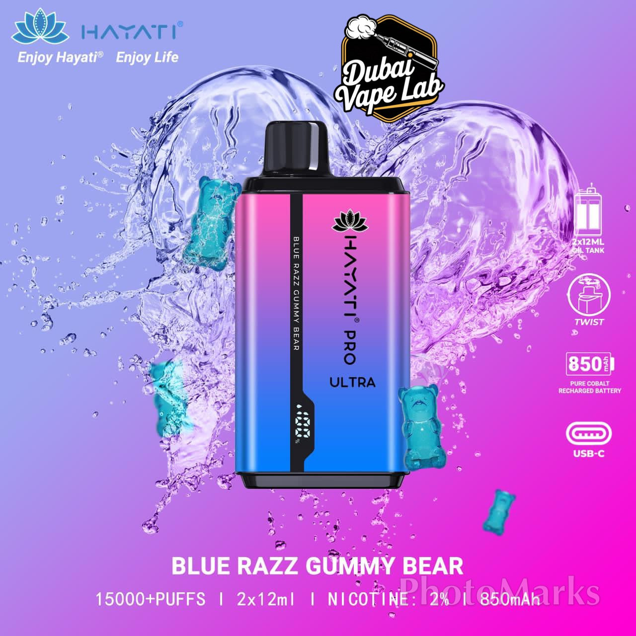Hayati Pro Ultra disposable vape with Blue Razz Gummy Bear flavor.