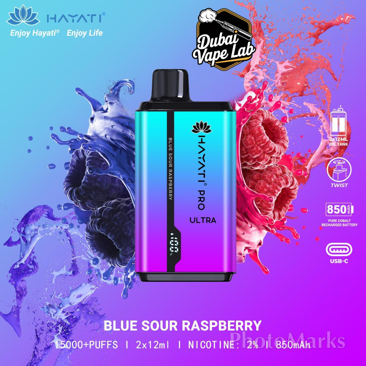 Hayati Pro Ultra disposable vape with Blue Sour Raspberry flavor.