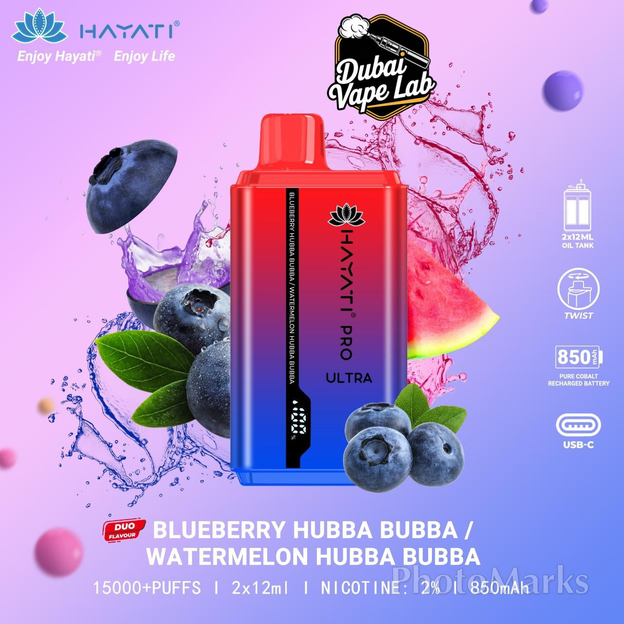 Hayati Pro Ultra disposable vape with Blueberry Hubba Bubba and Watermelon Hubba Bubba flavor.