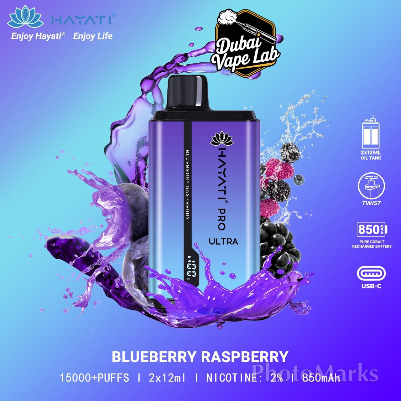 Hayati Pro Ultra disposable vape with Blueberry Raspberry flavor.