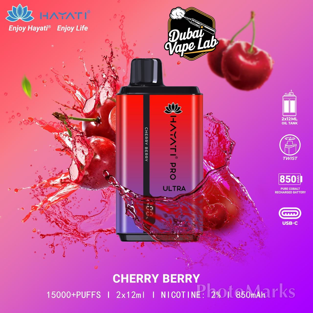 Hayati Pro Ultra disposable vape with Cherry Berry flavor.
