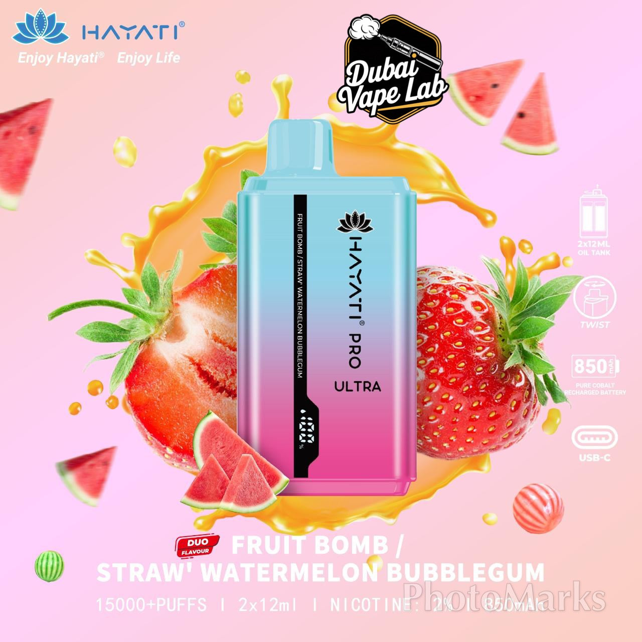 Hayati Pro Ultra disposable vape with Fruit Bomb and Straw' Watermelon Bubblegum flavor.

