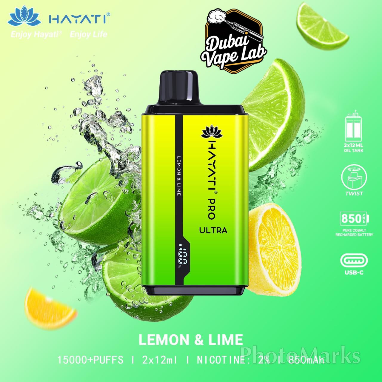 Hayati Pro Ultra disposable vape with Lemon & Lime flavor.

