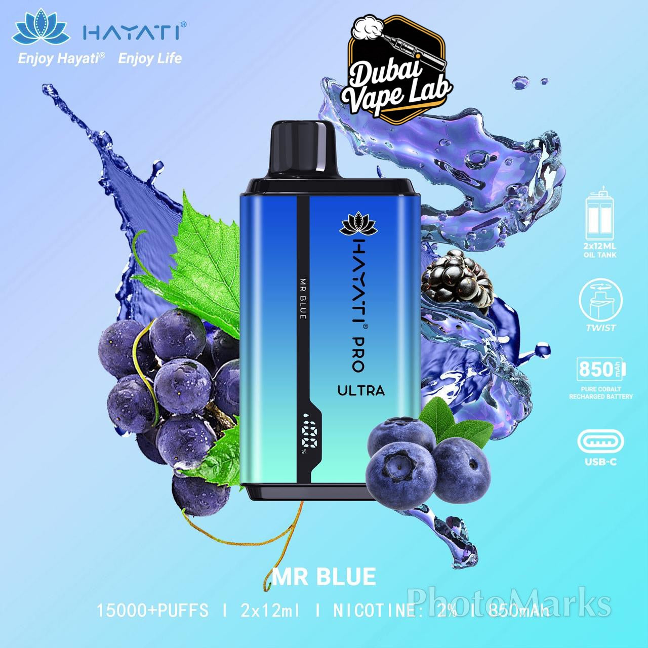 Hayati Pro Ultra disposable vape with Mr Blue flavor.
