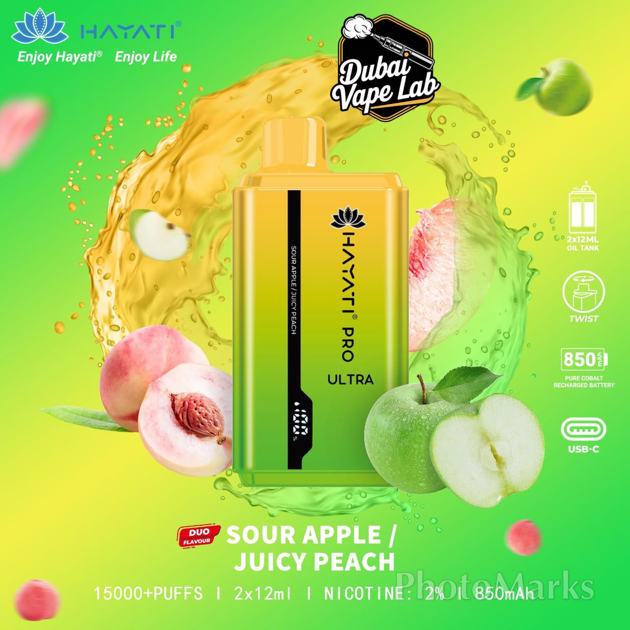 Hayati Pro Ultra disposable vape with Sour Apple and Juicy Peach flavor.
