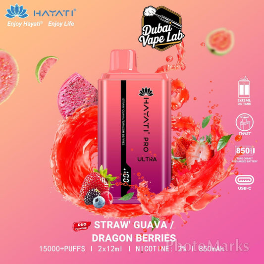 Hayati Pro Ultra disposable vape with Straw Guava and Dragon Berries flavor.
