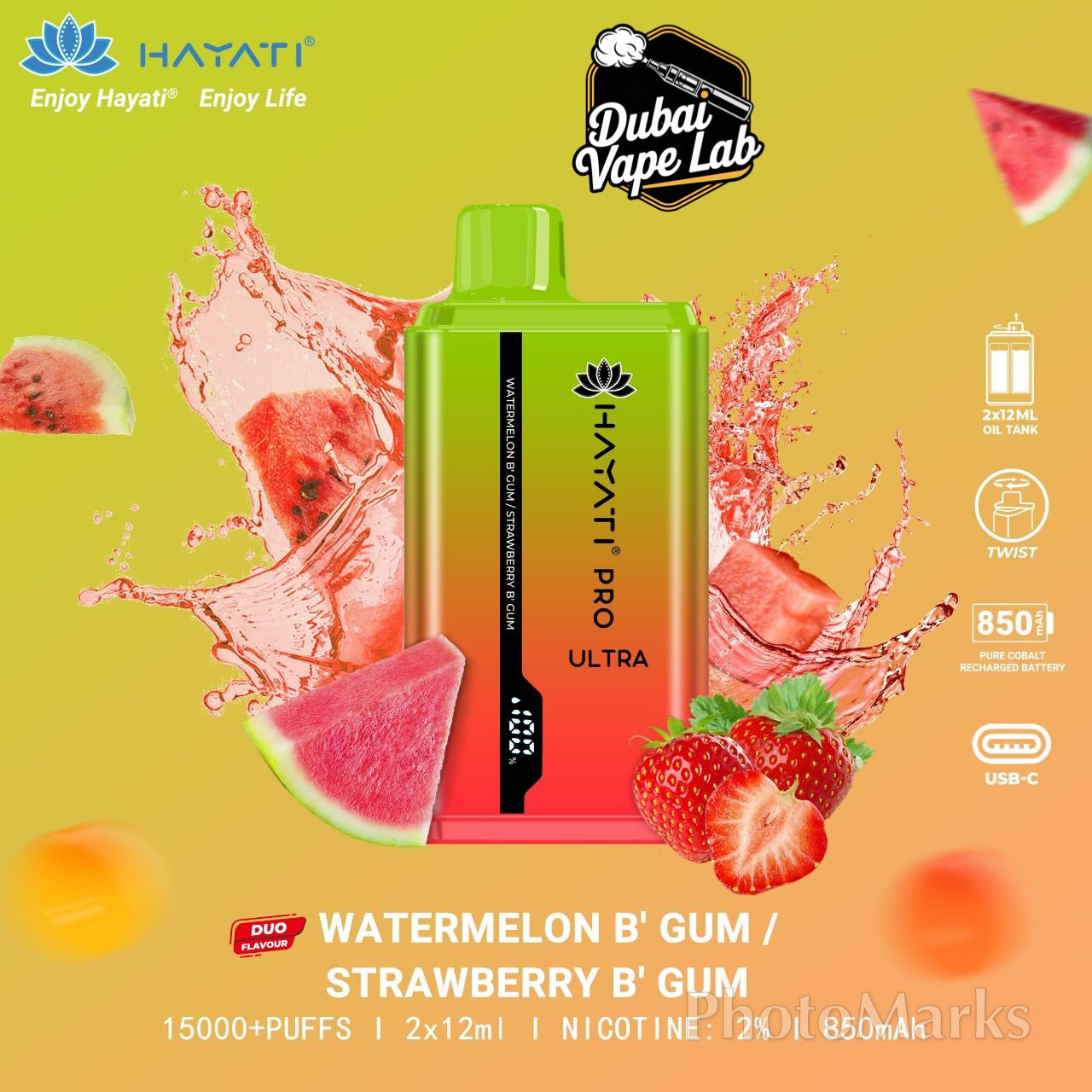 Hayati Pro Ultra disposable vape with Watermelon Bubble Gum and Strawberry Bubble Gum flavor.
