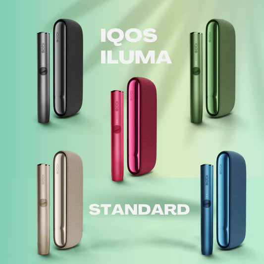 IQOS ILUMA STANDARD devices in gray, green, red, gold and blue with matching cases.
