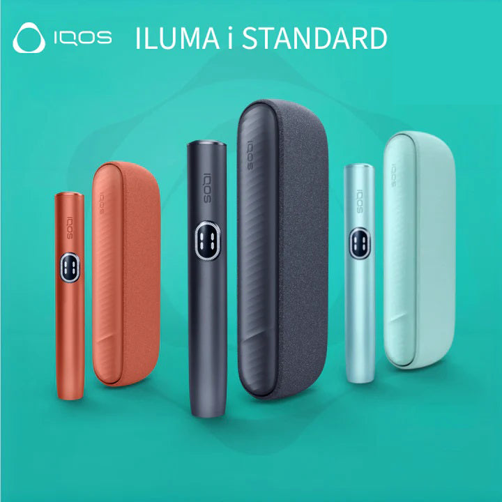 IQOS ILUMA i STANDARD lineup in orange, charcoal and mint with slim holders and cases.
