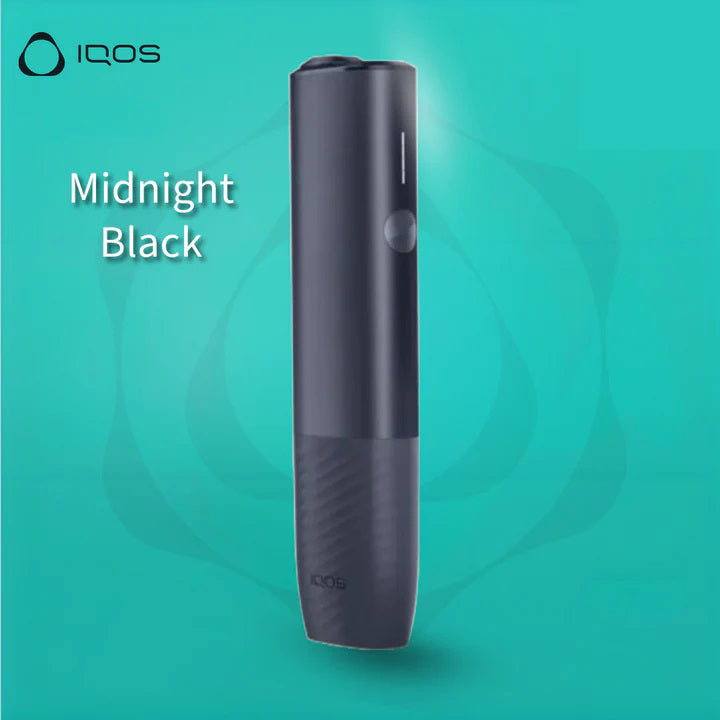 IQOS Iluma One Midnight Black device on teal background with text “Midnight Black”.