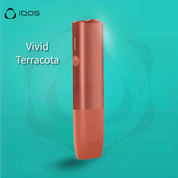 IQOS Iluma One Vivid Terracota orange device on teal background with text
