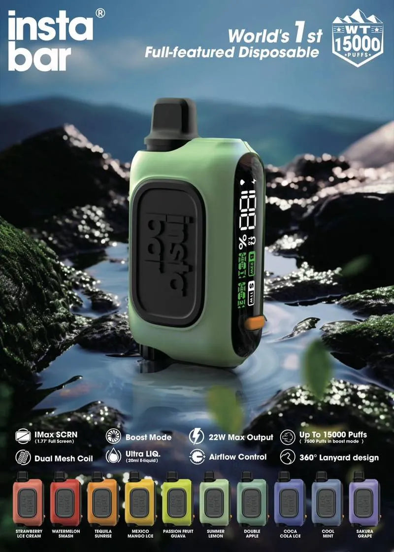 Insta Bar 15000 puffs disposable vape with digital screen in nature background
