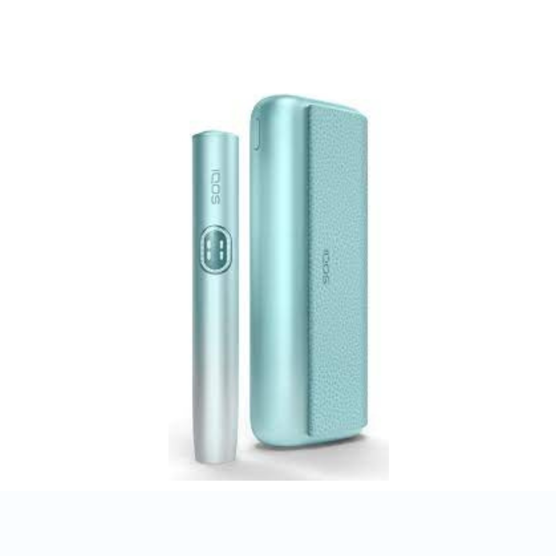 Light aqua IQOS ILUMA i PRIME holder next to matching dimpled case.
