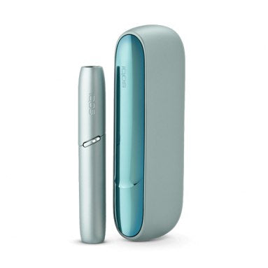 Light teal IQOS device with matching blue charging case and holder.