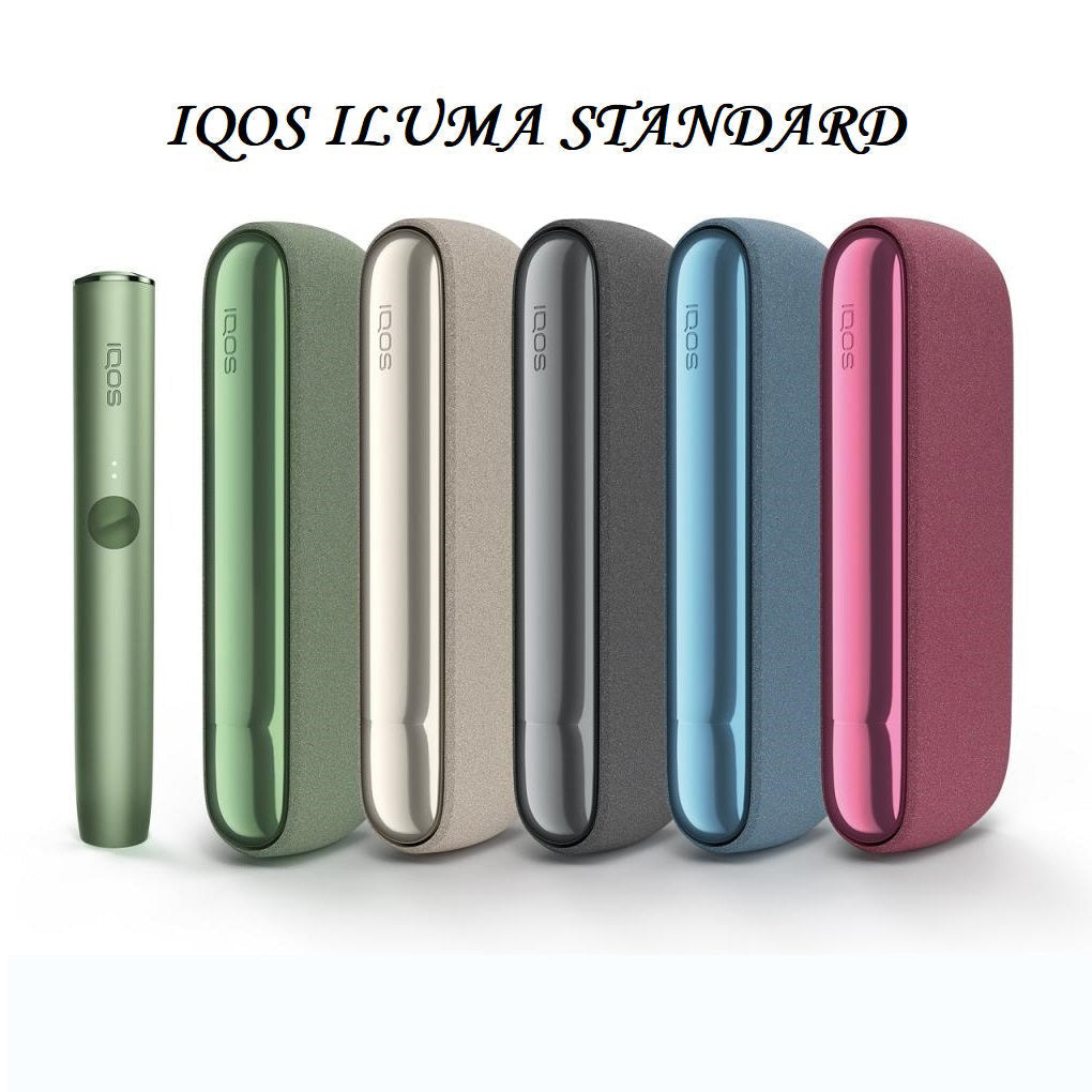 Lineup of IQOS ILUMA STANDARD cases in green, gold, grey, blue and pink with holder.