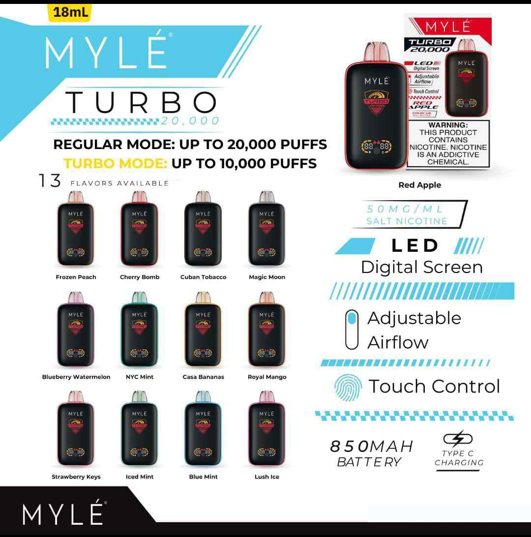 MYLE Turbo 20000 Puffs vape features, flavors, and specifications infographic