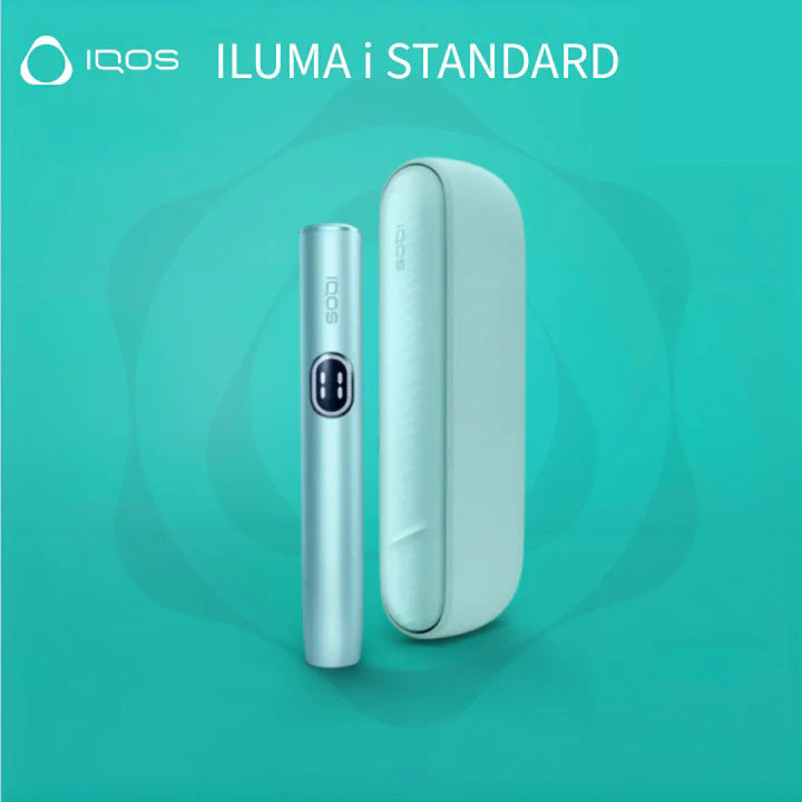 Mint IQOS ILUMA i STANDARD holder and case on teal background.
